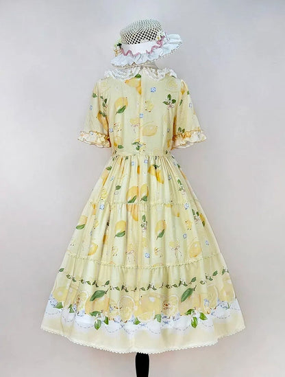 and Spring Chick Dress Sleeves Short Summer for Print Lolita Lemon Yellow