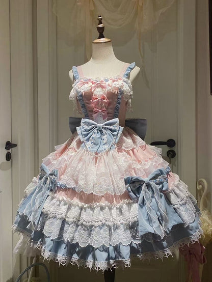 Sweet Lolita Details Bead Pink Detachable Princess Bows Blue and Dress
