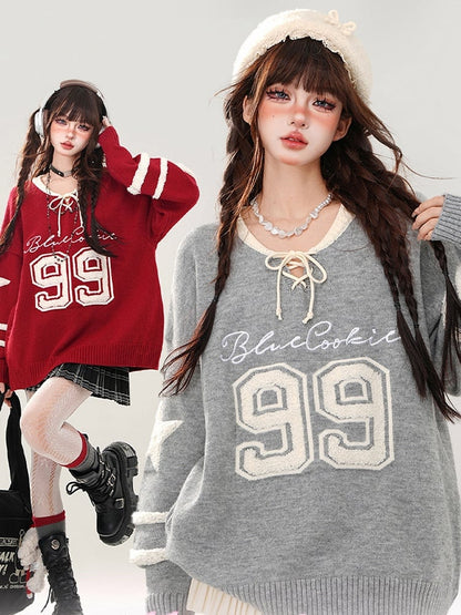 Red/Grey Numbers Lace-up Detail V-neck Loose Sweater