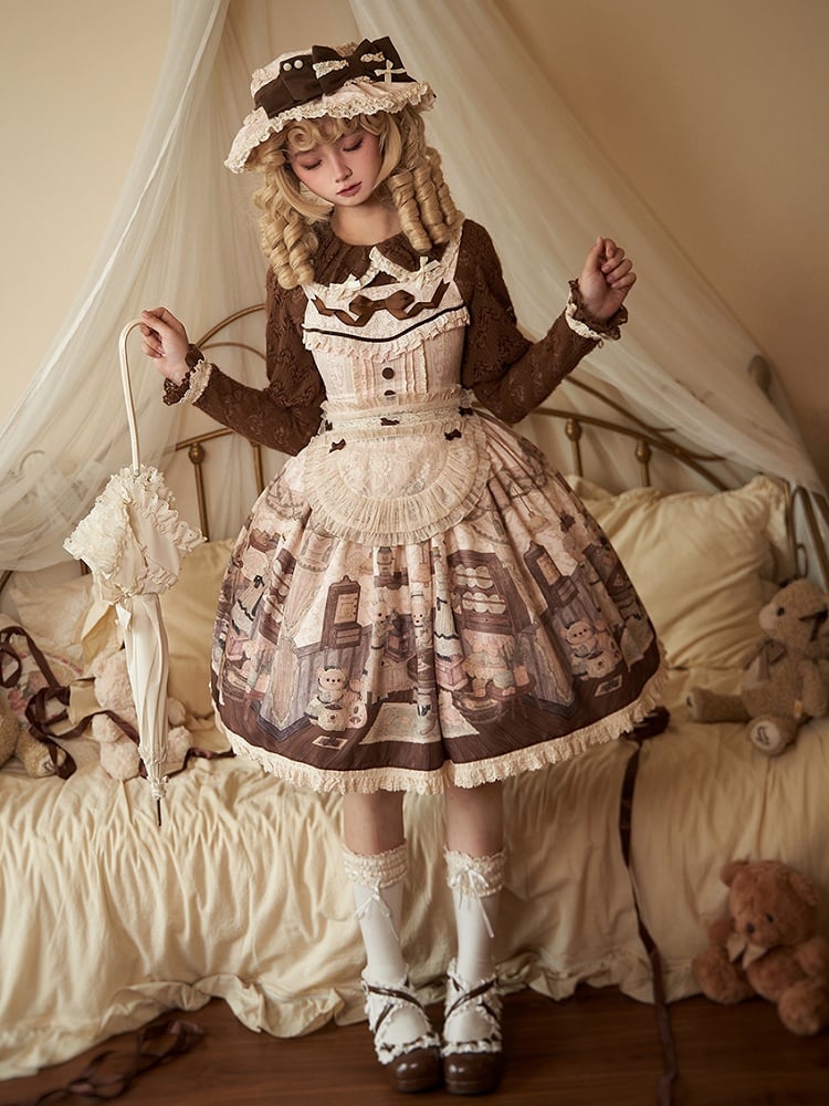 Sweet Creamy Little Print Bear Coffee Jumper Lolita House Skirt
