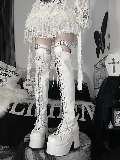 Matte White Front Lace-up Ties Buckle Straps Heel Platform Thigh-high Boots