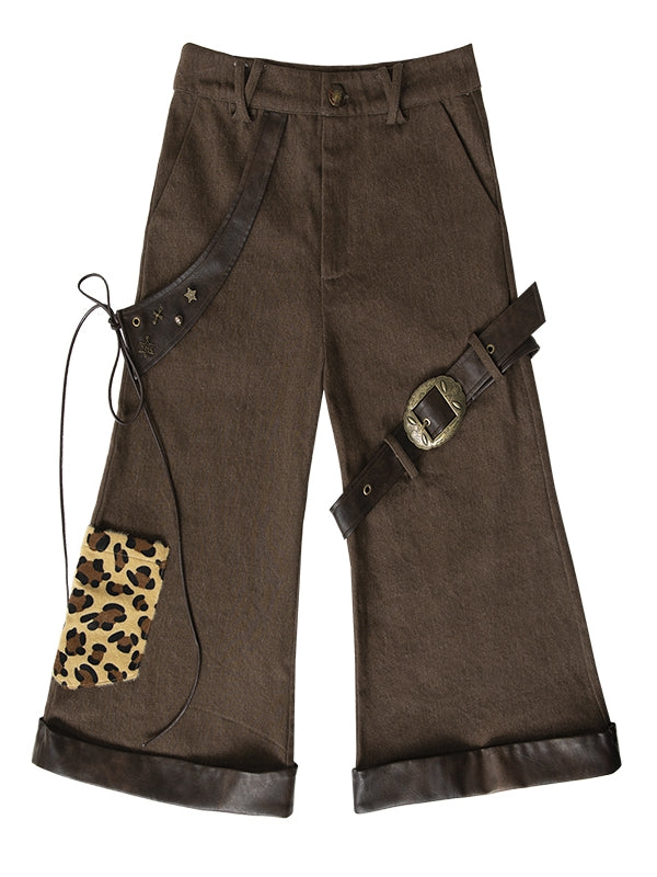 Leopard Pockets Brown Punk Low Waist Pants