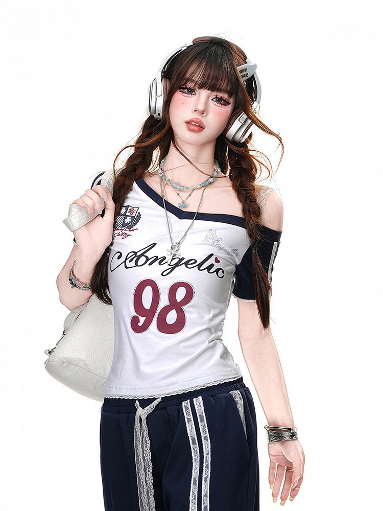 Navy Blue/White Asymmetrical Neckline Cutout Shoulder Number Glamorous T-Shirt