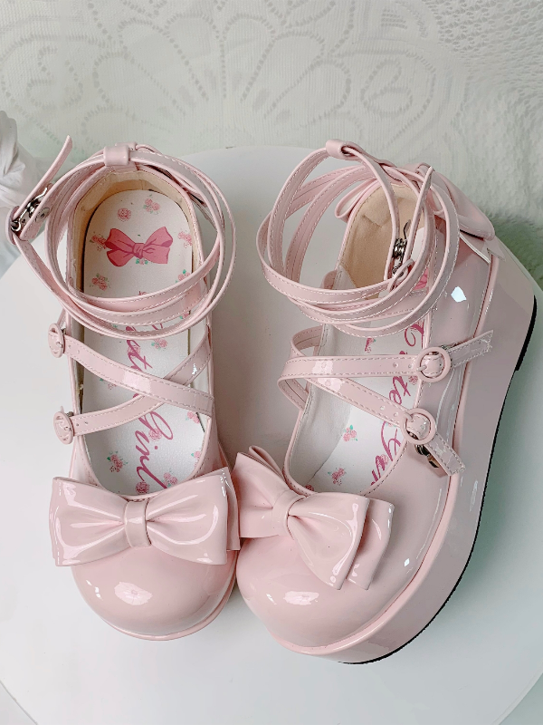 Pink Bowknot Buckle Straps Round Toe Platform Lolita Shoes