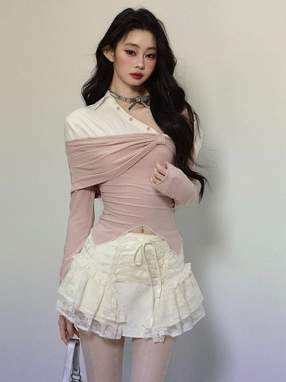 Pink and White Fake Two-piece Asymmetrical Neckline Top