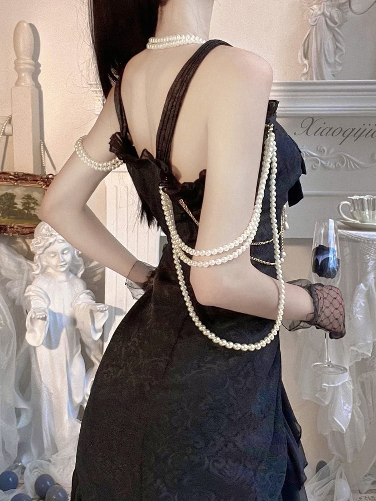 Bead Jacquard Ruffle Camellia Black Lolita Mermaid Decoration Detail JSK Rose Hemline