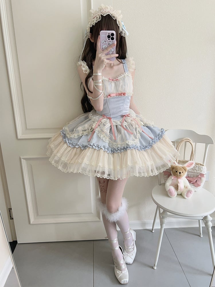 Bows Skirt Blue Balletcore Short Fabric Small Dress Lolita Jumper