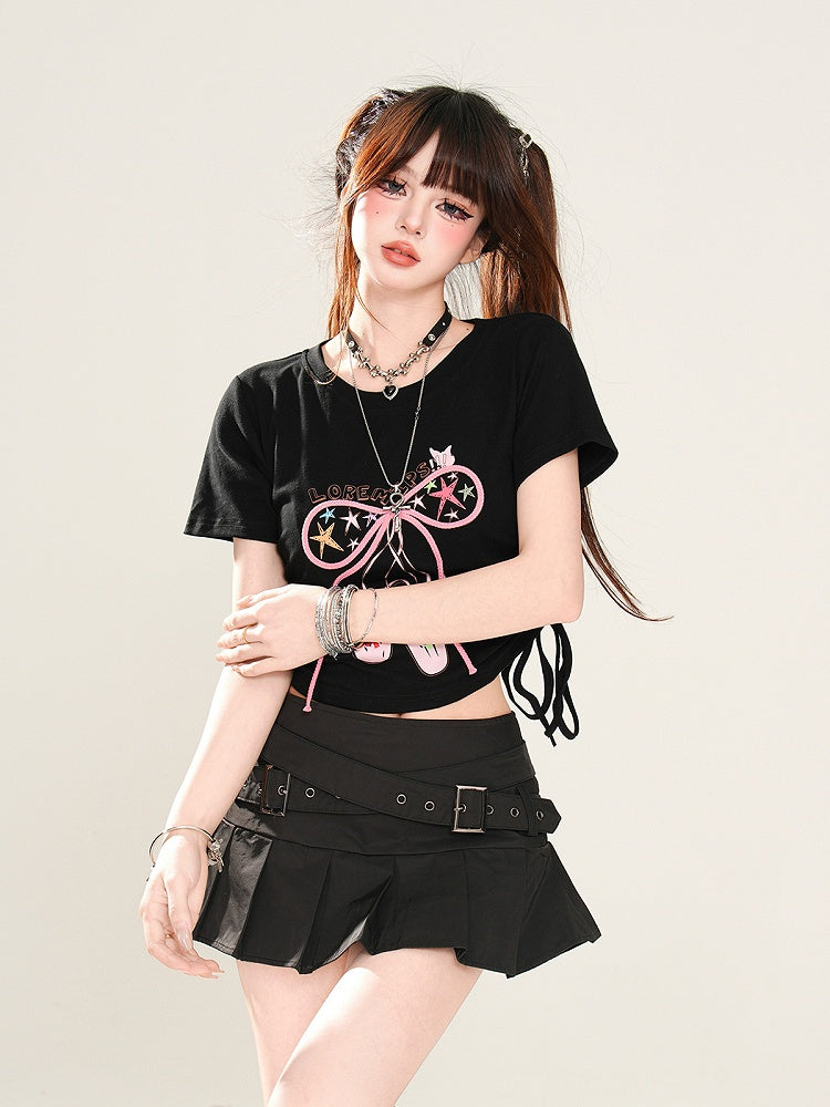 Glamorous Bowknot Black/Yellow/Pink Cropped T-Shirt Drawstring Waist Accent