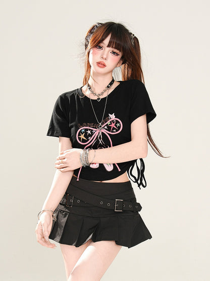 Glamorous Bowknot Black/Yellow/Pink Cropped T-Shirt Drawstring Waist Accent