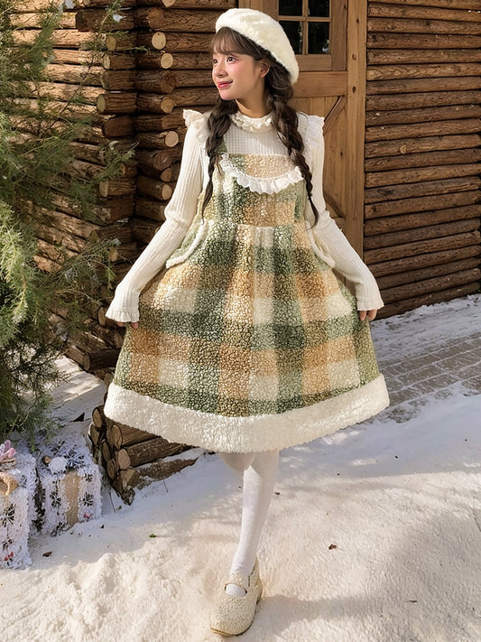 Robe salopette en polaire à carreaux avec détails floraux verts et bordure en dentelle et poches