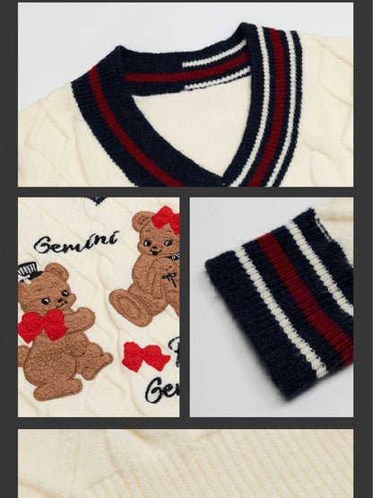 Christmas Milk White Gingerbread Bear Appliques V-neck Soft Sweater