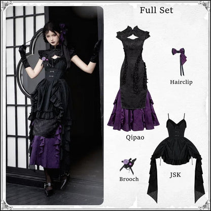 Full Jacquard Hem Qi Ruffle Set Black Qipao Cthulhu Lolita Dress Vibes Purple Trim Cascading