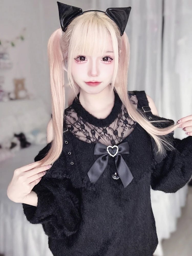 Jirai Kei Black Lace Illusion Neckline Cutout Shoulders Landmine Style Long Sweater with Free Bow Tie