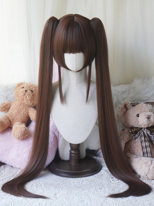 Caramel Bob Cut Short Wig With Bangs＋Double Straight Ponytail Claw Clips