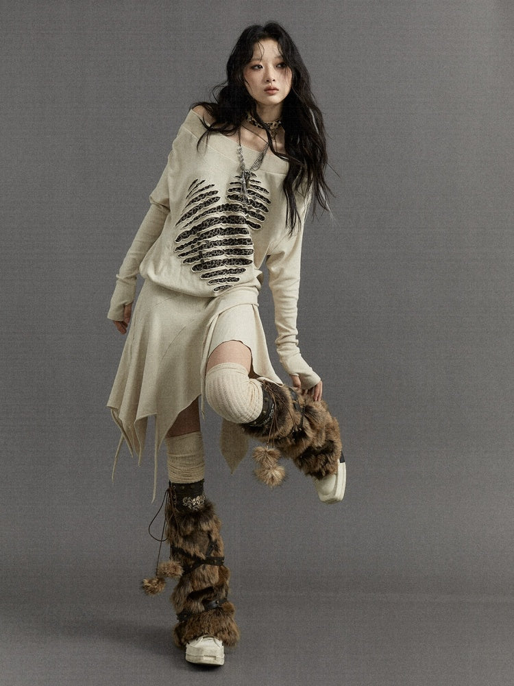 Wasteland Punk Beige Leopard Heart Asymmetrical Long Sleeves Dress