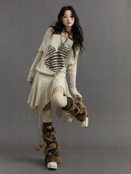 Wasteland Punk Beige Leopard Heart Asymmetrical Long Sleeves Dress