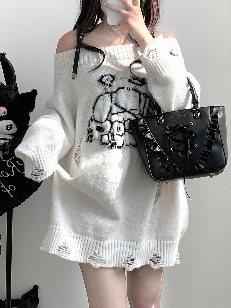 Jirai Kei Grey Angel Puppy Graphic Distressed Holes Landmine Loose Sweater