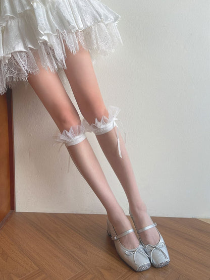 White Stockings Underknee Ruffled Details Bowknot Tulle