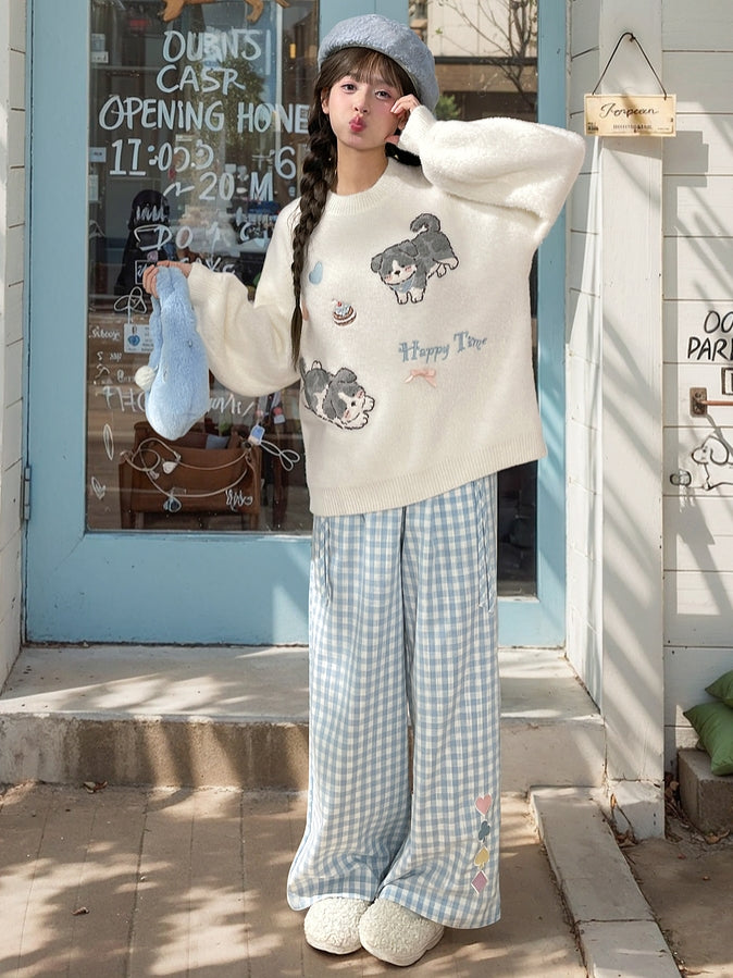 White Cute Puppies Pattern Round Neck Loose Sweater