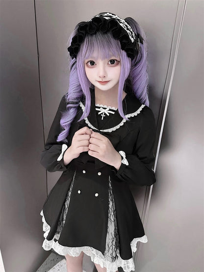High Mini Coord with Dress Slit Matching Kei Black Set: Jirai Lace-Paneled Edgy Shorts