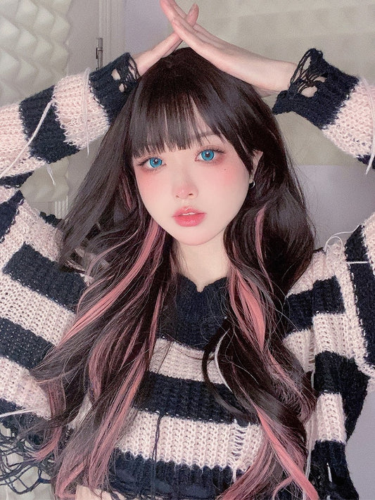Pink Black Wig And Wavy Length Air 65CM Highlight With Bangs