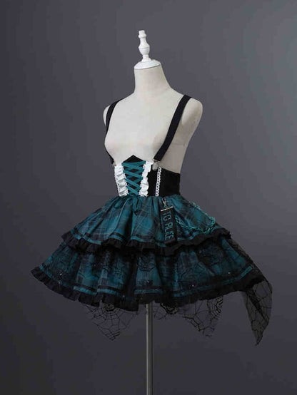 Overall Punk and Lace-up Waist Black Plaid Detail Corset Lolita Dress Green