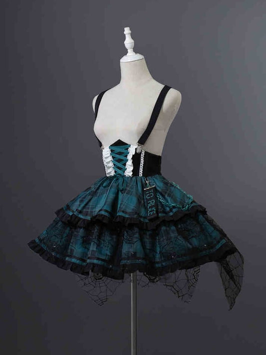 Overall Punk and Lace-up Waist Black Plaid Detail Corset Lolita Dress Green