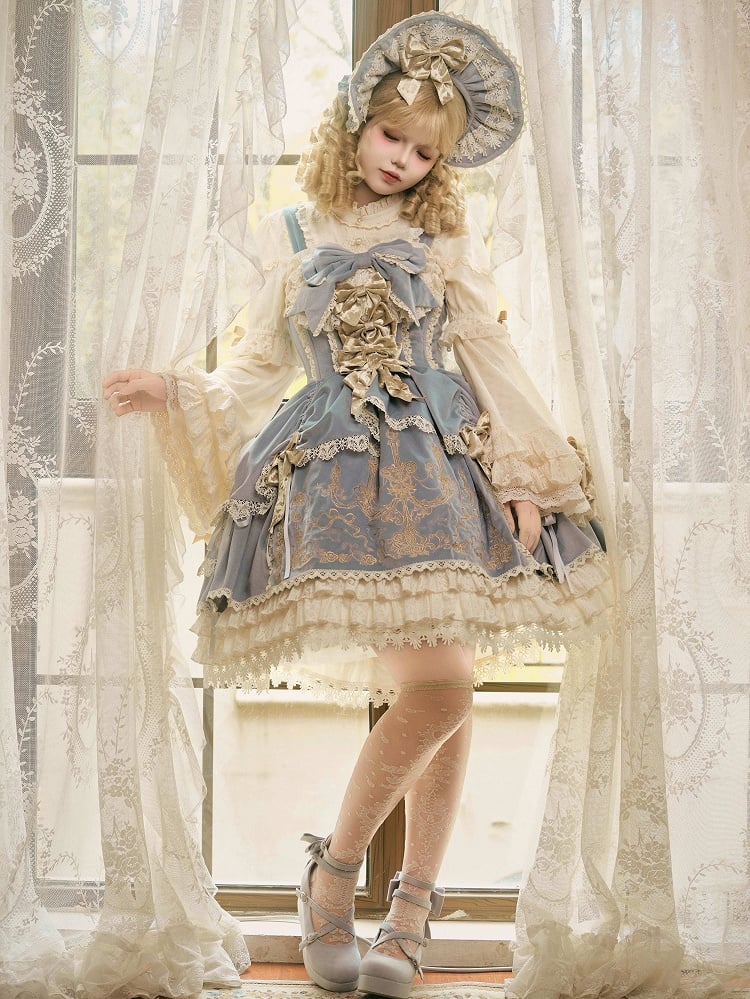 Blue Velvet JSK Dress Lolita Embroidery Bows Decoration Candle /