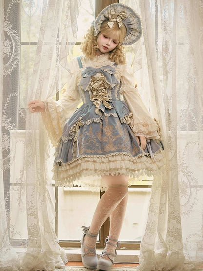 Blue Velvet JSK Dress Lolita Embroidery Bows Decoration Candle /