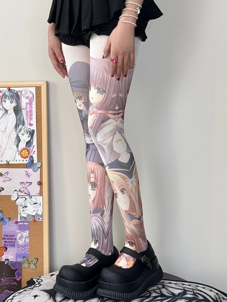 Girl White Cartoon Print Tights