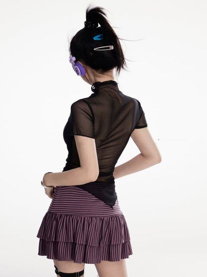 T-shirt Black Mock Neck Mesh Y2K Cute Bunny Print Curved Hem
