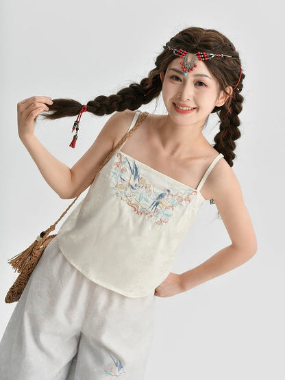 Top Bird Floral and Embroidery Apricot Cami