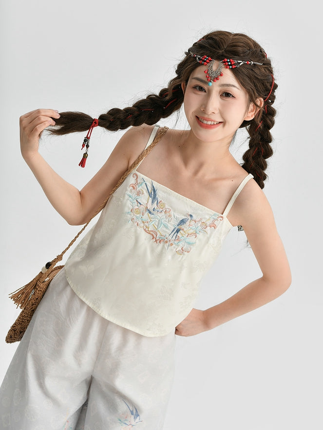 Cami and Embroidery Top Apricot Bird Floral