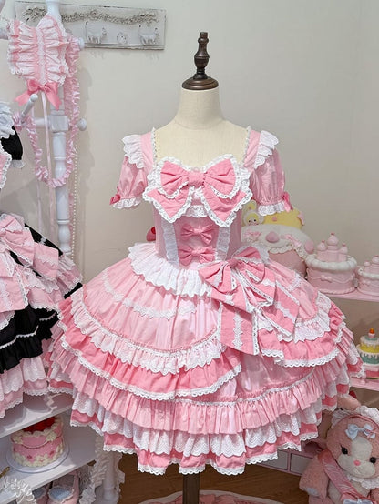Dress Pink Sweet Lolita Short Piece One Sleeves Bow Accents