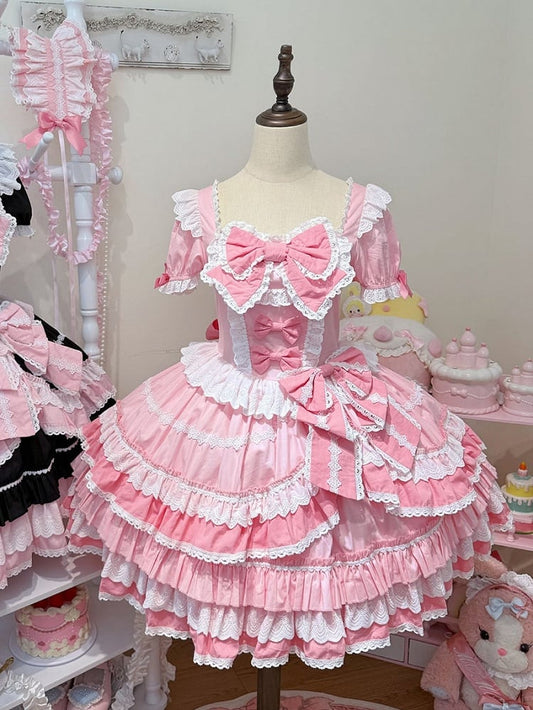 Dress Pink Sweet Lolita Short Piece One Sleeves Bow Accents