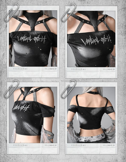 Futuristic Black Halter Neck Fashion Cyberpunk Top with Detachable Sleeves Y3K Cropped
