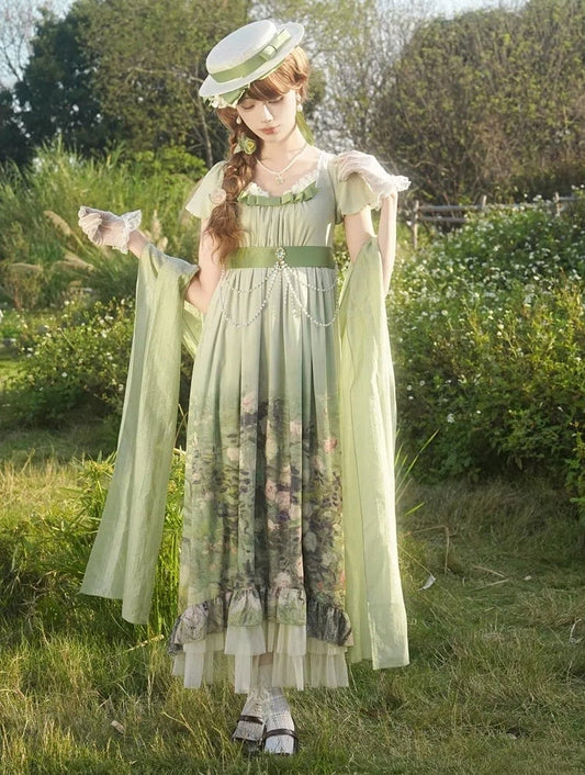 Empire Set Painting Oil Roses Lolita Elegant Green Print Waist OP Skirt
