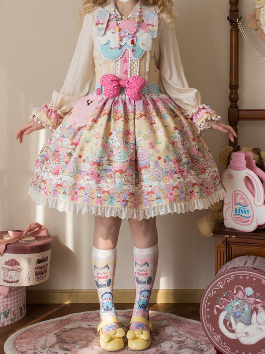 Desserts Gummy Sweet Dress Print and Overall Bear Yellow Lolita