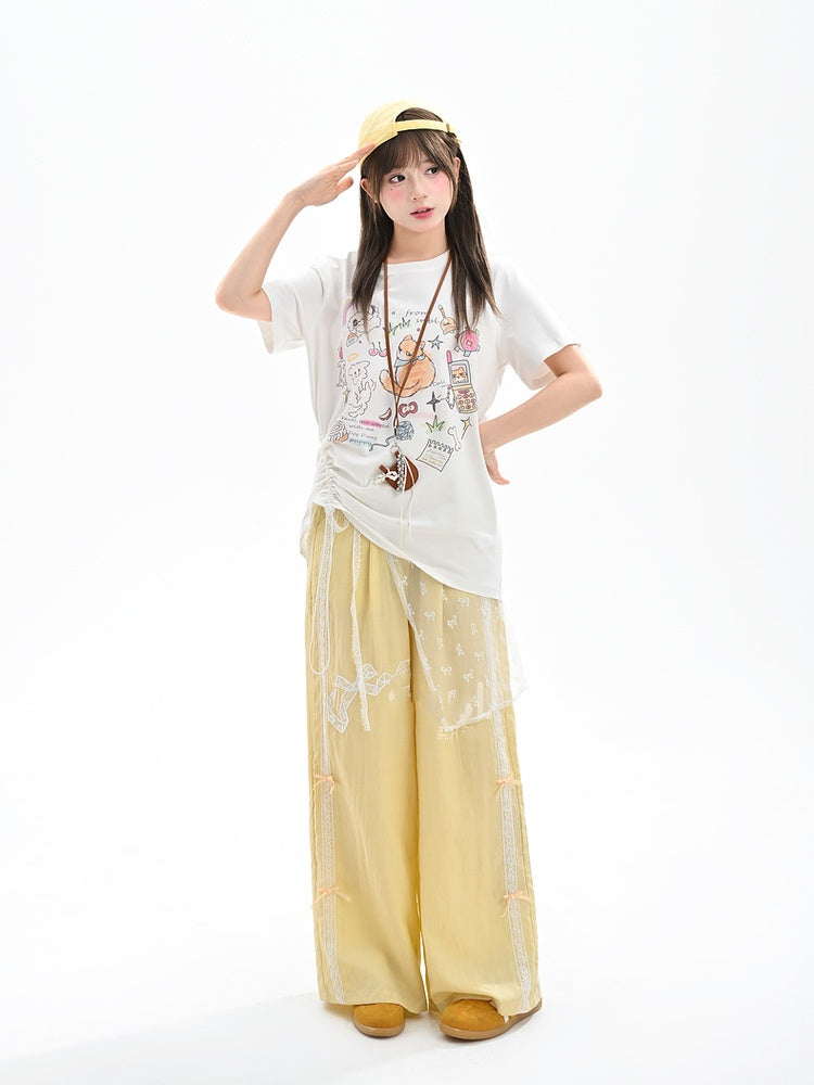 Bowknot Embroidery Wide-Leg Pants Yellow Regular/Short Version Waist High