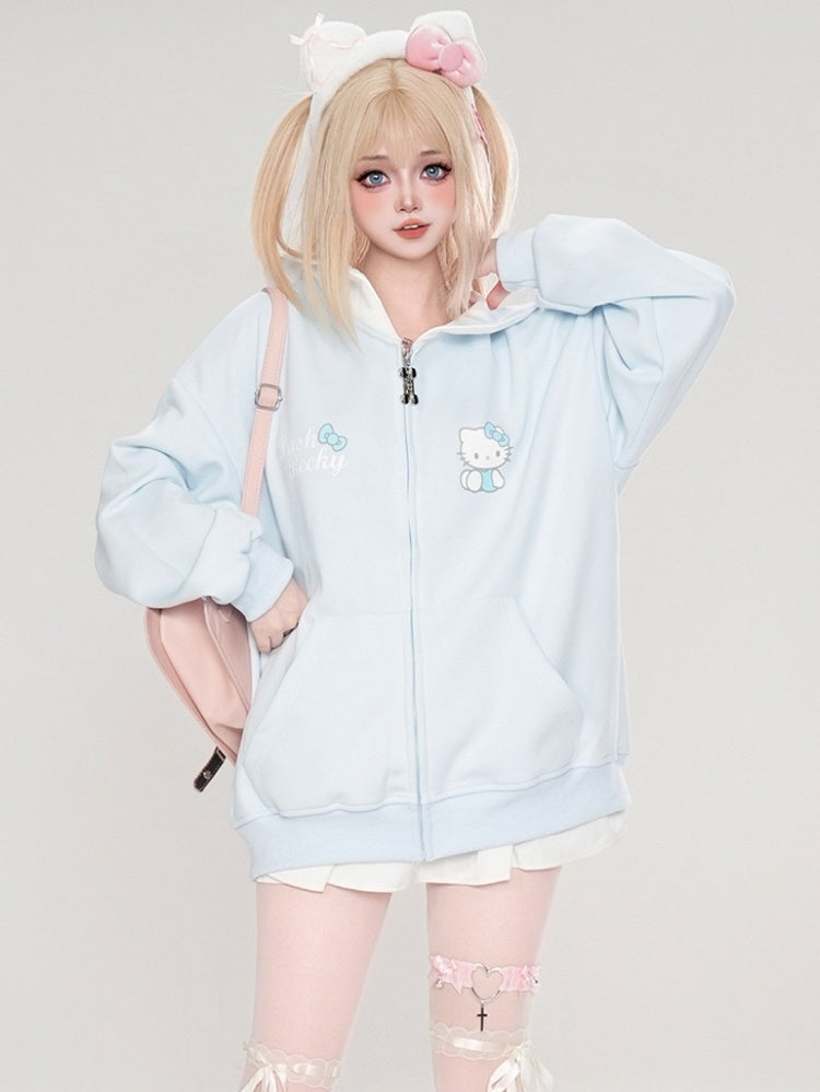 Pink/Light Blue/Grey/Black Kitty Print Sailor Collar Zip Closure Thick Sweatshirt
