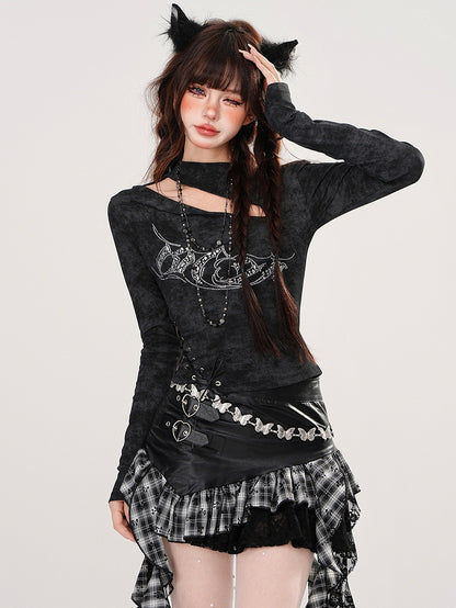 Black/Khaki Rhinestones Adorned Cutout Top Lace-up Detail at Waist