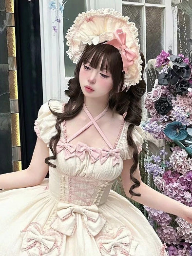 School Old Pink Trim Bonnet Lace Lolita Yellow With Bowknot Details