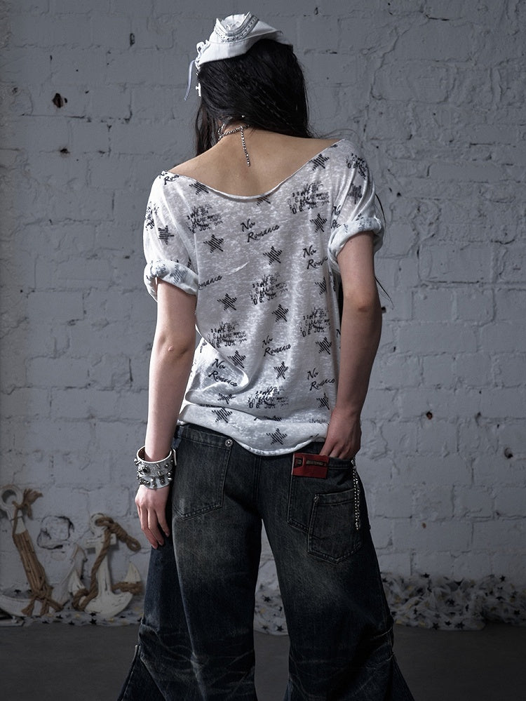 Schwarz/Weißes Navycore-Grafik-T-Shirt im Distressed-Design