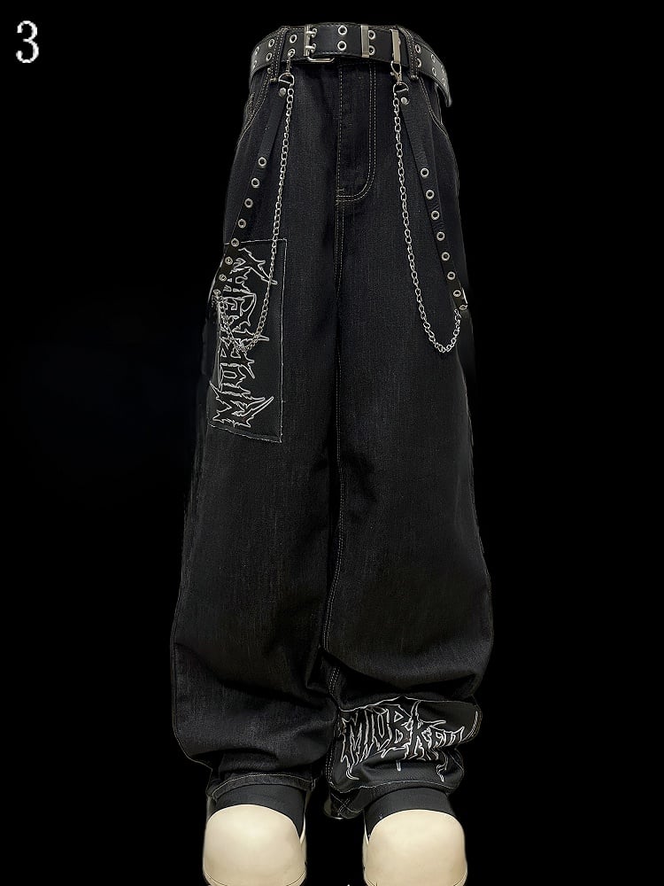 Dark Cut Applique Letter Jeans Blue Straight-leg