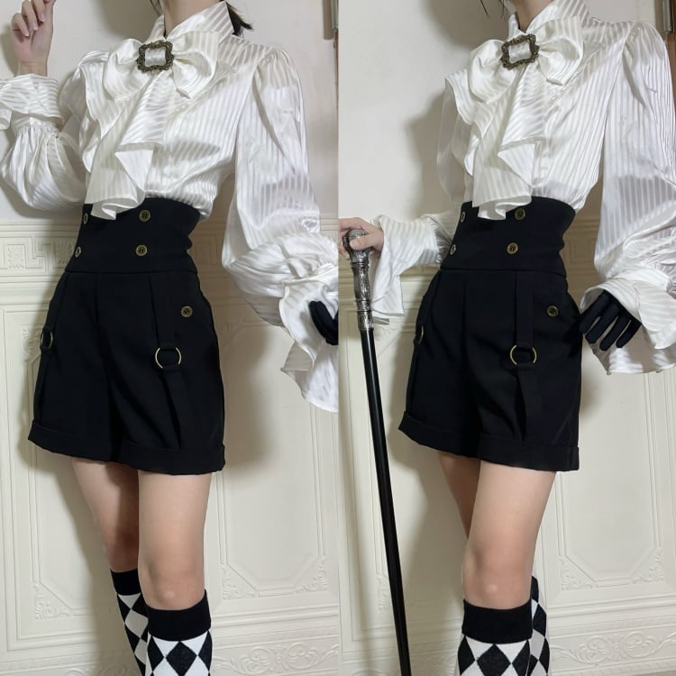 White Ouji Lolita Long Sleeves Shirt with Jabot Bowtie