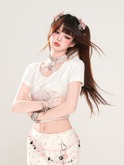 Glamorous Neck Star Print White Halter Lace Cropped T-Shirt
