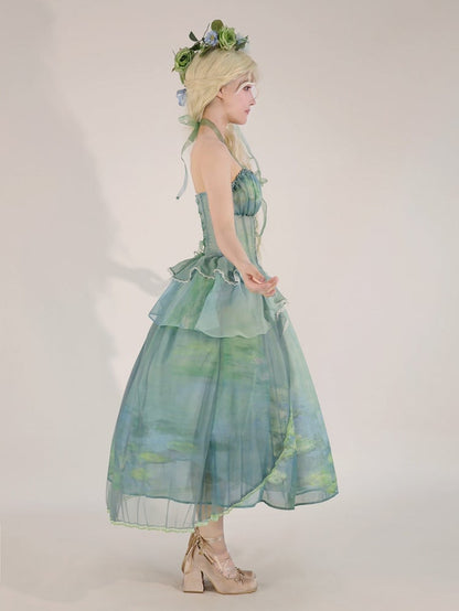 Fairy Oil Tiered Flounce Hem Halter Boned Corset Top Green Painting Print