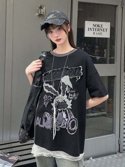 Bittersweet and T-Shirt Two-pieces Faux Black Applique Gray Bunny Pattern Letter