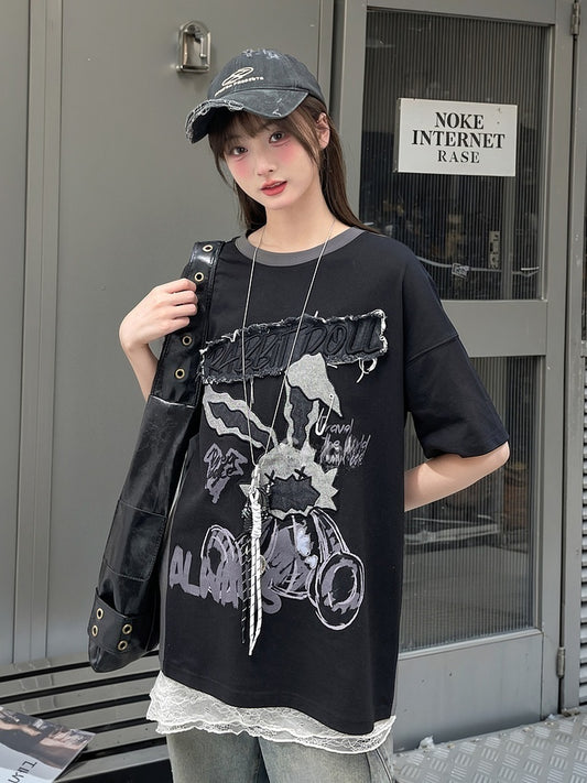 Bittersweet and T-Shirt Two-pieces Faux Black Applique Gray Bunny Pattern Letter