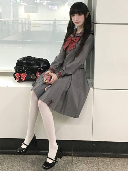 Sleeves Gray Long Blouse Sailor JK Embroidery Collar Uniform Floral